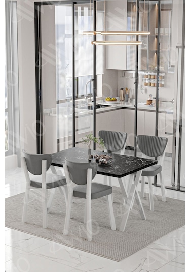 Avvio Lionel Beyaz Elma Sandalye 80x120 Yemek Masası Mutfak Masası 4 Kişilik Masa Sandalye Takımı Siyah Mermer
