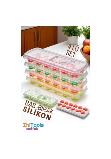 Zhltools Buz Kalıbı - Bas-bırak Kapaklı Silikon Buz Kalıbı 4 Lü Set Siyah