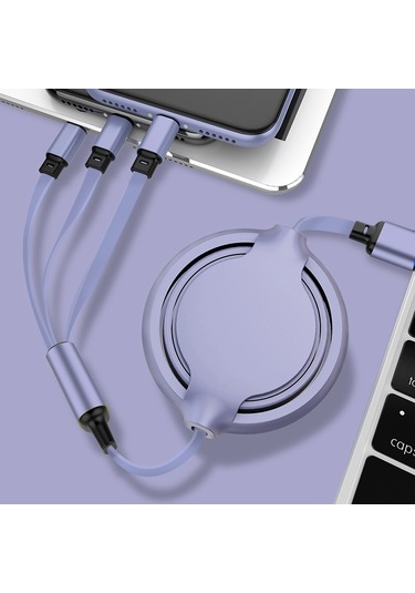 3.5a Sıvı Silikon 3'ü 1 Arada Usb-c / Type-c 8pin Mikro Usb Geri Çekilebilir Veri Syn Şarj Kablosu Mor