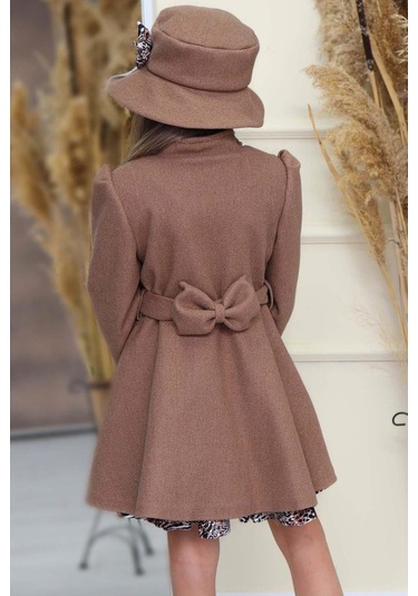 Riccotarz Kız Çocuk Leopar Desen Elbise Taş İşleme Yaka Boydan Düğme Ve Kemer Detaylı Kahverengi Kaşe Kaban Kahverengi