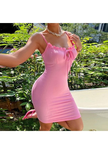 Hnxc Kadın Moda Yaz Bahar Düz Renk Baskı Kolsuz Kare Yaka Yüksek Bel Günlük Elbiseler Pembe