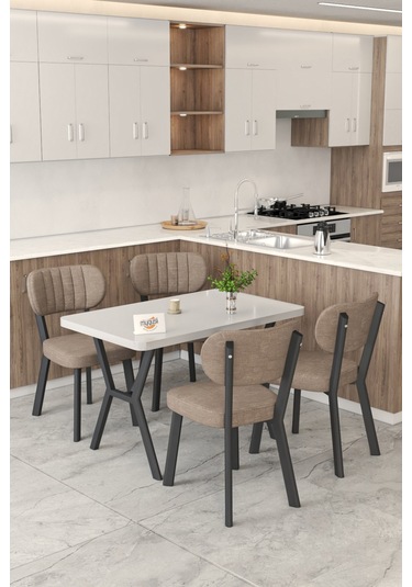 Gnr 70x110cm Sabit Beyaz Mutfak Masası Takımı, Yemek Masası, 4 Modern Cappucino Sandalye Cappuccino
