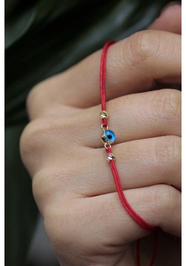 14 Ayar Altın Nazar Boncuklu Dorika Toplu İpli Bileklik Sarı Altın