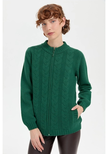 Desen Triko Kadın Dik Yaka Dikişsiz Önü Saç Örgülü Yün Hırka 24268 Ö. Başı Ö. Başı Yeşil