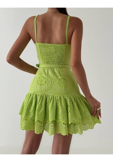 Askılı Dantel Güpür Kabartmalı Fırfırlı Sırtı Esnek Lastikli Mini Neon Fosfor Renk Yazlık Elbise Yeşil