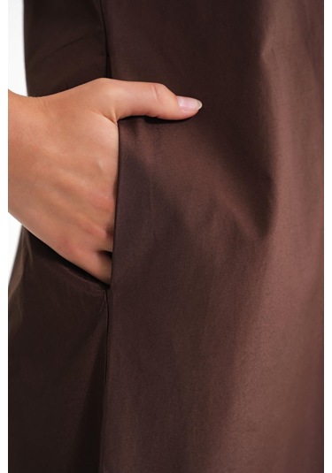 4690 Kadın Bisiklet Yaka Sıfır Kol Midi Paraşüt Elbise Kahve Kahve