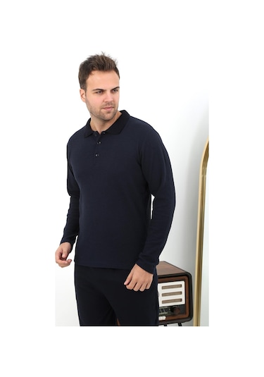 Akbeniz Erkek Polo Yaka Uzun Kol Penye Pijama Takımı 6862 Lacivert Lacivert