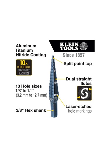 Klein Tools Ktsb01 Kademeli Matkap Ucu Çift Oluklu 1, 1/8 Ila 1/