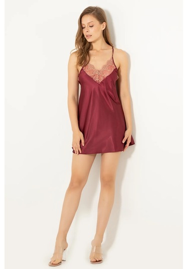 Faryanight Saten Dantelli Taşlı Sırt Detaylı İp Askılı Gecelik Bordo