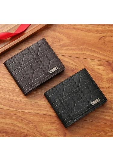 Createtech Yeni Marka Erkek Kısa Cüzdan - Genç Moda Ekose Deri Cüzdan Siyah Siyah