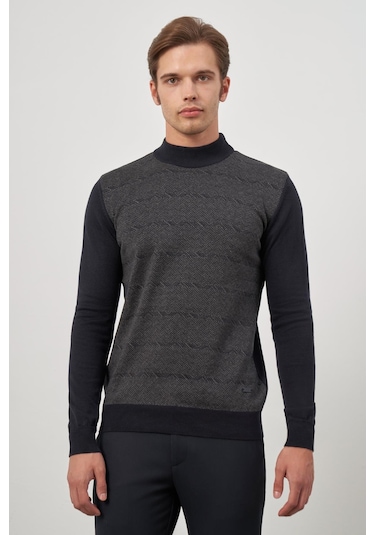 Koyu Lacivert Uzun Kol Kendinden Örme Yarım Balıkçı Yaka Classic Comfort Fit Triko 1012245152 Koyu Lacivert