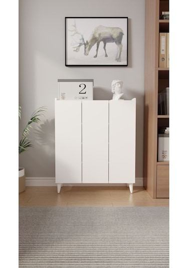 İliana 3 Kapaklı 4 Raflı Çok Amaçlı Dolap, Banyo Dolabı, Mutfak Dolabı Beyaz Beyaz