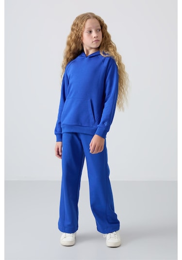 Tommy Life Gece Mavi Pamuklu İçi Tüylü Yumuşak Dokulu Standart Fit Nakışlı Kız Çocuk Eşofman Takım - 75162 Mavi