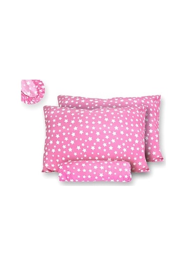 Battal Boy Lastikli Çarşaf Ve Yastık Kılıfı Pembe Yıldız Desenli