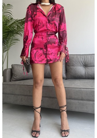 Vatkalı Manşet Detaylı Gömlek Elbise - Fuşya Fuşya