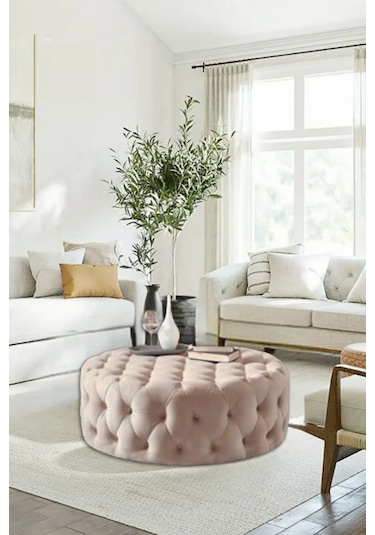 Most Hallow Kapitoneli Yuvarlak Orta Sehpa 03 Bej Kadife Kumaş %1