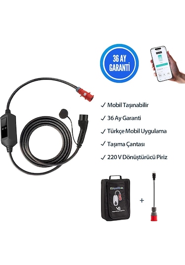 Evwallbox 22 Kw Taşınabilir 5mt Tip2 Kablolu Wifi+bluetooth Mobil Uygulamalı 22 Kw