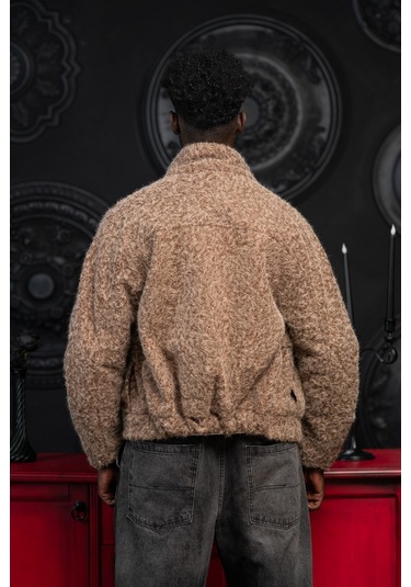 Oversize Crop Model Yan Cepli Astarlı Kırçıllı Mont Kahverengi