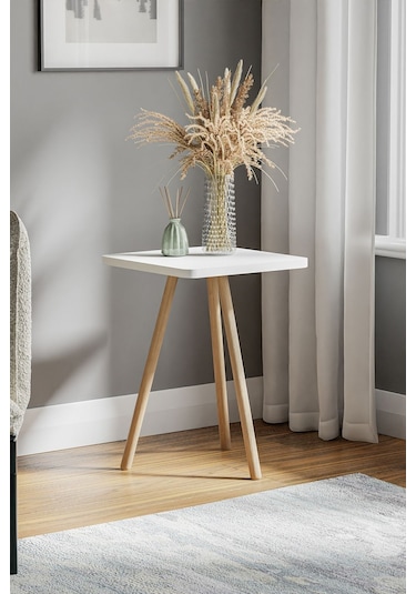 İntergo Kare Tasarımlı Ahşap Ayaklı Tekli Zigon Sehpa Beyaz