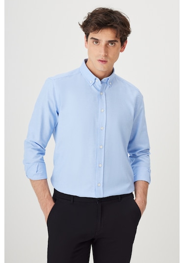 AC&Co / Altınyıldız Classics Tailored Slim Fit Dar Kesim Düğmeli Yaka Oxford Erkek Gömlek Mavi