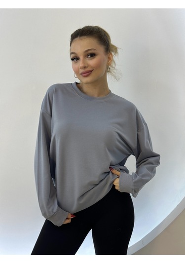 Düz Renk Kadın Sweatshirt Gri