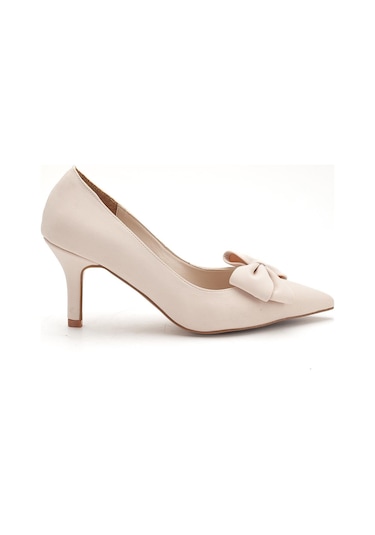 Büyük Beden Kadın Stiletto İnce Topuklu Ayakkabı Bej Saten Fiyonklu-4296 Bej