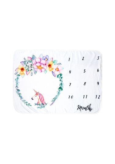 Neevoyu Bebekler İçin Aylık Gelişim İzleyici Flannel Battaniye - Fotoğraf Çekim Dekoru Unicorn Desenli Çok Renkli