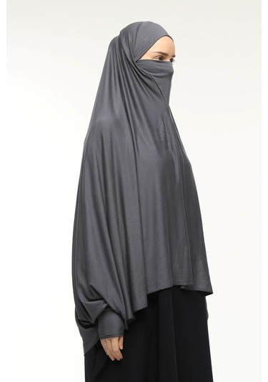 Kollu Sufle Çarşaf Üstü Peçeli Pratik Tesettür Hijab - Nikaplı Namaz Örtüsü Füme