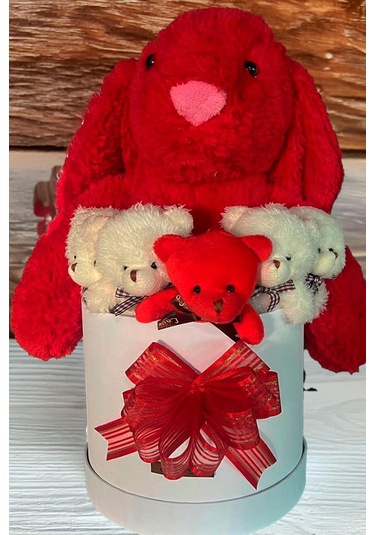 Özel Kutuda, Aşk Temalı Peluş Hediye Kutusu Kırmızı Jellycat Tavşan & 5 Mini Ayıcık Özel Tasarım