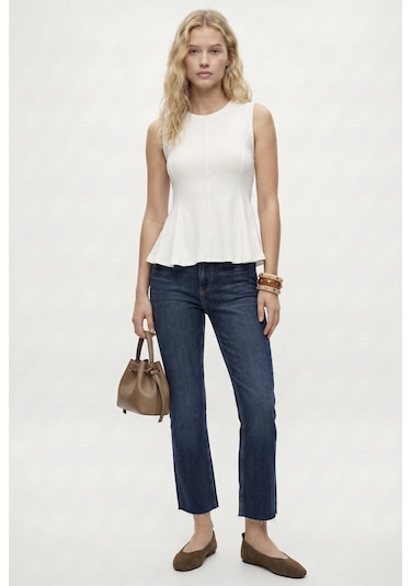Ritnice Kadın Rowe %100 Pamuk Peplum Sıfır Kol Ekru Bluz