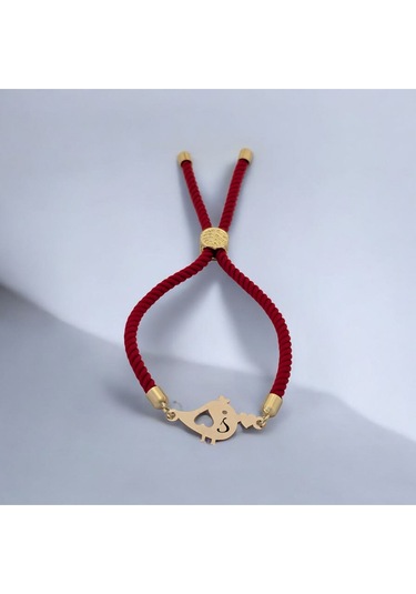 Archin S Harfine Özel Minik Kuş Motifli Kırmızı Örgülü 14 Ayar Altın Plakalı Hediye Bileklik-363harf S