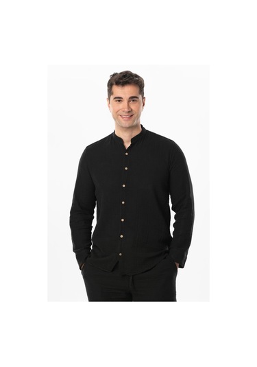 Uzun Kol Hakim Yaka Erkek Müslin Yazlık Gömlek Siyah Syh-siyah Siyah