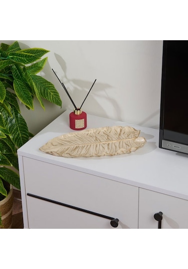 Evidea Deco Leaf Dekoratif Tabak - Beyaz / Gold - 37x16 Cm