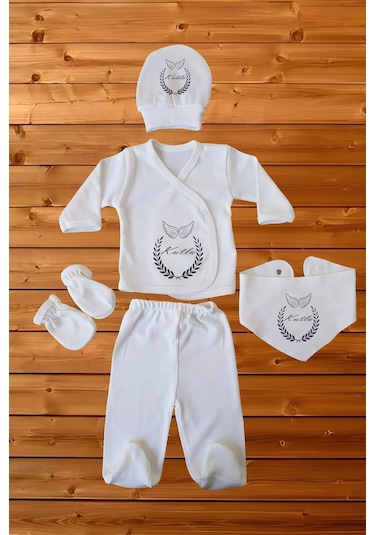İsimli %100 Pamuk 5'li Organik Erkek Bebek Hastane Çıkışı Beyaz