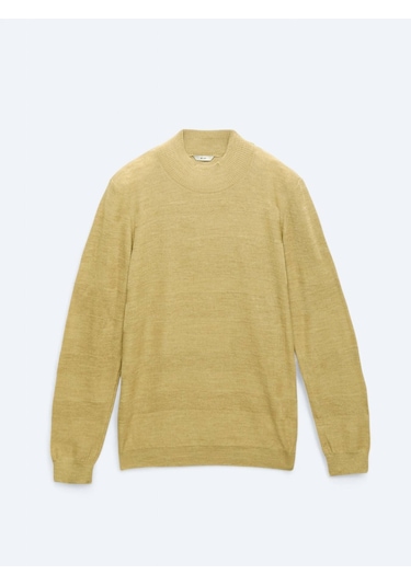 Sarı Yarım Balıkçı Yaka Jakarlı Yün Karışımlı Triko Sarı