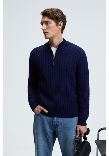 IVAR Erkek Yarım Fermuarlı Dik Yakalı Saç Örgü Desenli Triko Lacivert Kazak
