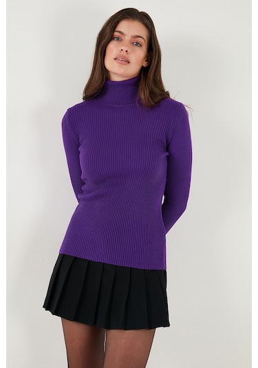 Lela Fitilli Regular Fit Balıkçı Yaka Soft Akrilik Bayan Kazak 4614102 Mor