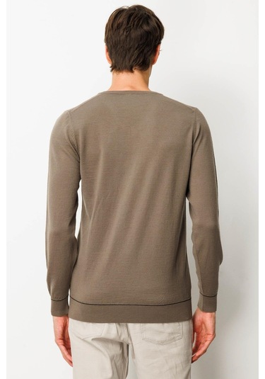 Erkek V Yaka Çizgili Baklavalı Yün Kazak Vizon Vizon