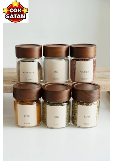 6'lı Akasya Kapaklı Cam Baharatlık Seti 240 Ml 16 Adet Etiket Hediye M70912 Ahşap