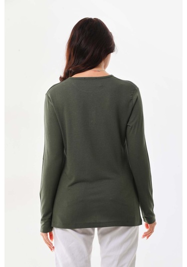 Sistas Kadın Desenli Bisiklet Yaka Uzun Kol Bluz 23596 Yeşil