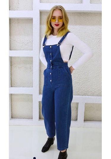 Önden Düğmeli Enzim Kumaş Salopet & Tulum Lacivert