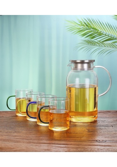 Borosilikat Cam Sürahi Ve 4'lü Fincan Seti Çok Renkli