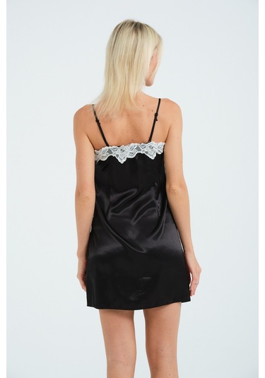 Laperissa Kadın Siyah Dantel Detaylı Saten Askılı Şık Gecelik Siyah