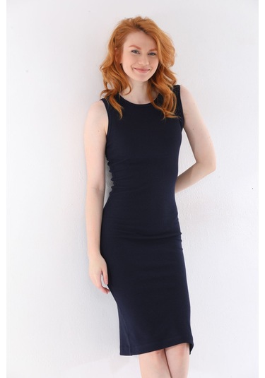 Kallima Lacivert Kolsuz Diz Altı Yırtmaçlı Fitilli Esnek Elbise