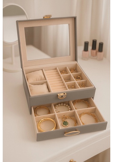 Dışı Deri İçi Kadife Kilitli Çekmeceli Takı Bijuteri Mücevher Kutusu Organizer Düzenleyici Gri İthal