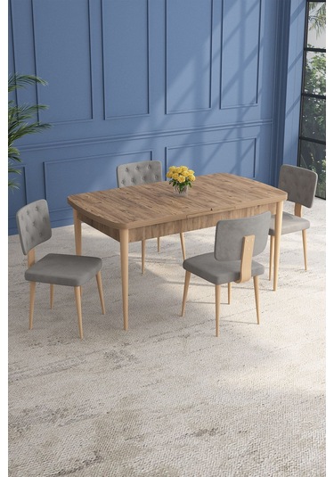 Lars Atlantik 80x132 Açılabilir Mdf Masa Yemek Odası Takımı,mutfak Takımı 4 Adet Sandalye Gri