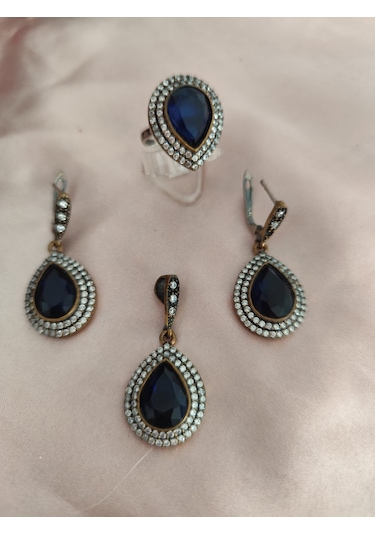 Safir Taşlı Gümüş Kolye Takımı Bronz