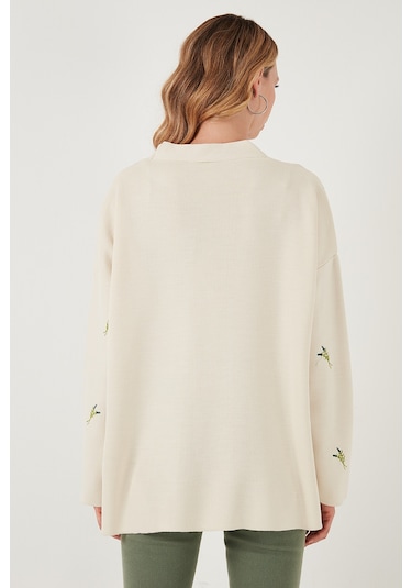 Lela Oversize Fit Desenli V Yaka Triko Bayan Hırka 4616193 Krem