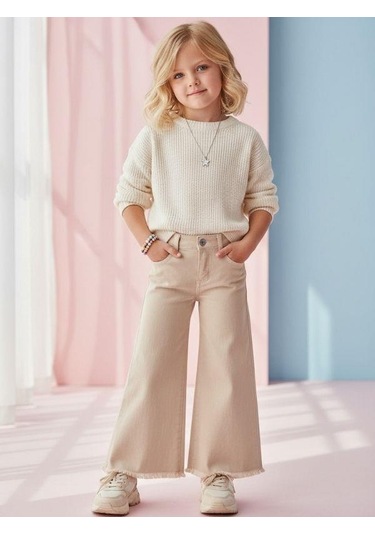 Zekids Kız Çocuk Pamuklu Paçaları Püsküllü Pantolon-16677 Bej