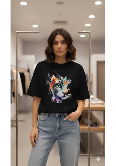 Kedi Baskılı Kuş Detaylı Oversıze T-shirt Siyah